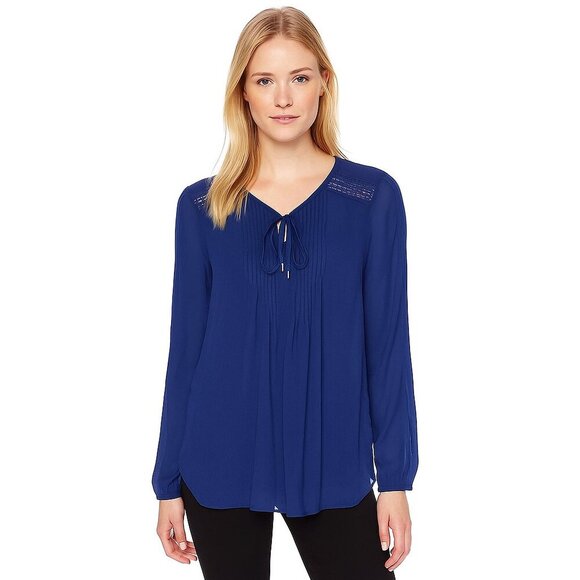 2/$30 White House Black Market Long Sleeve Tie Neck Blouse Endless Blue 4 #A0043 - Picture 1 of 9